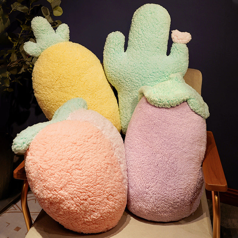 KTX-122771 Cartoon Fruit Plush Pillow - Pineapple, Carrot, Cactus, and More in Cotton Velvet