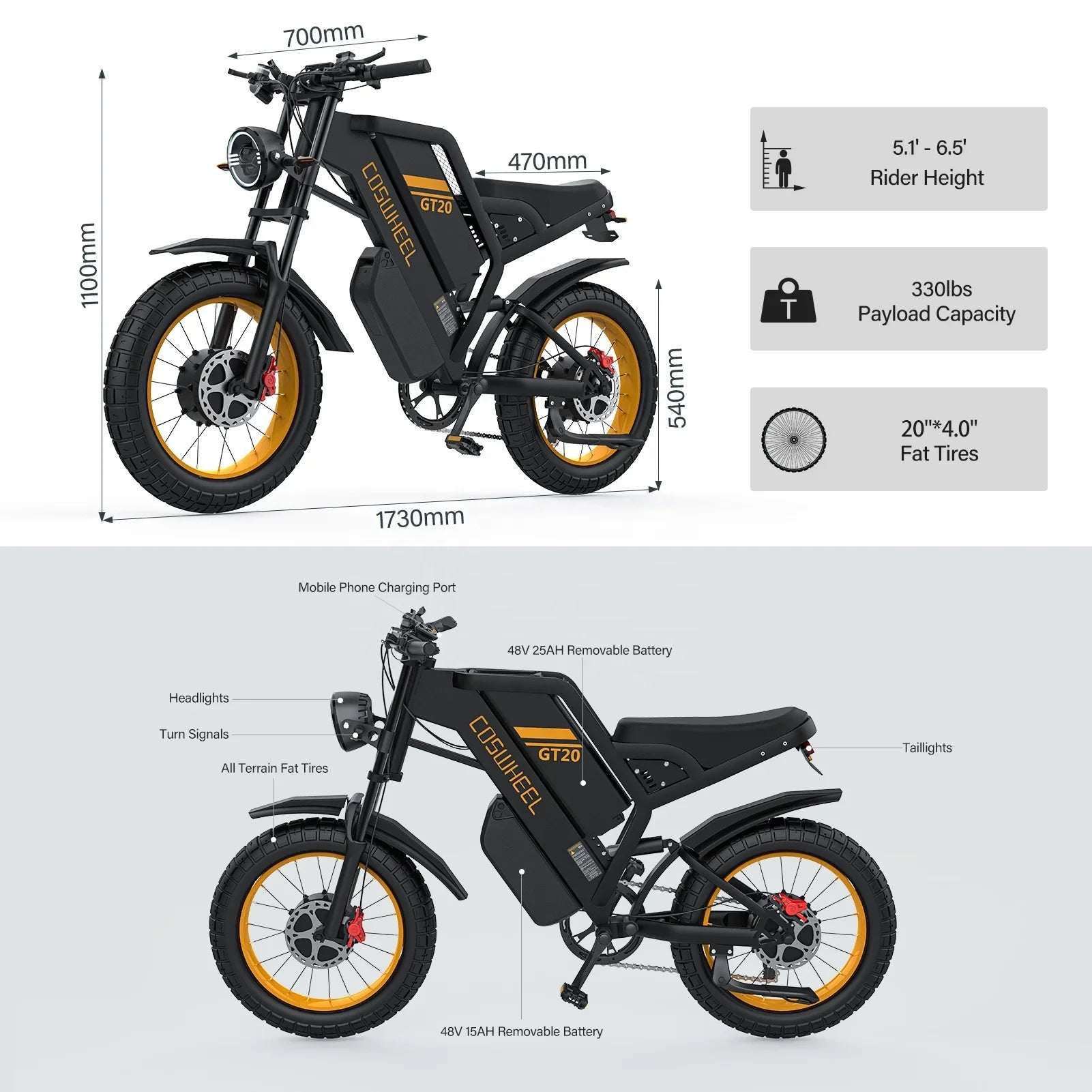 KTX-123667 Dual Battery Fatbike Electric Bike 3000W Motor, 40-60 km/h Speed, Retro Cruiser Style, Front & Rear Suspension, Suitable for Heights 5'1" - 6'5"
