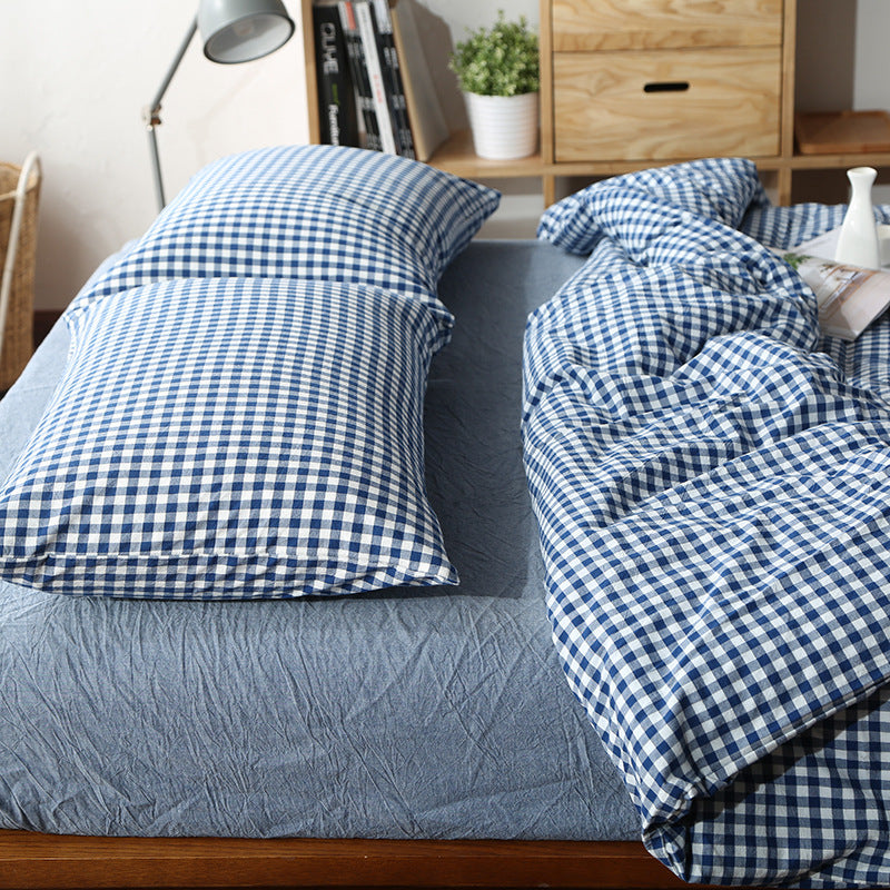 KTX-124115 Washed Cotton Four-Piece Bedding Set with Checked Design for Comfortable Sleeping