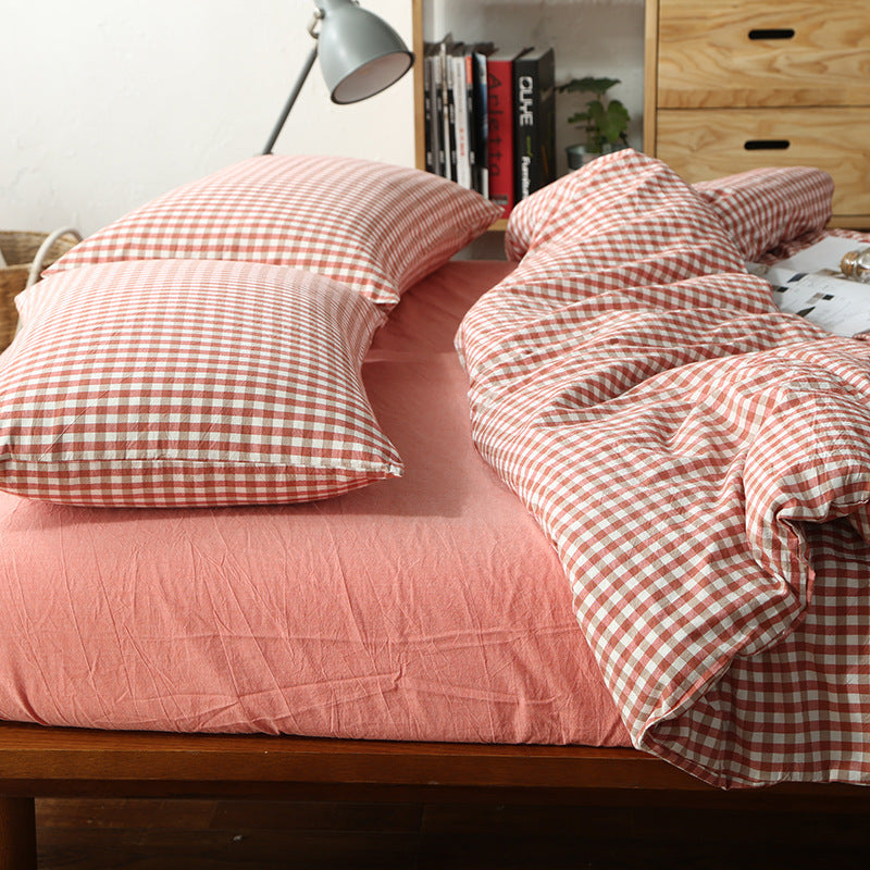 KTX-124115 Washed Cotton Four-Piece Bedding Set with Checked Design for Comfortable Sleeping