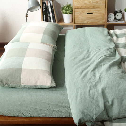 KTX-124115 Washed Cotton Four-Piece Bedding Set with Checked Design for Comfortable Sleeping