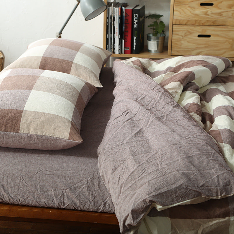 KTX-124115 Washed Cotton Four-Piece Bedding Set with Checked Design for Comfortable Sleeping