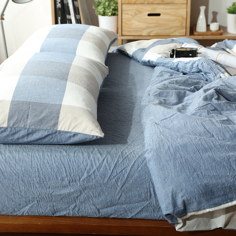 KTX-124115 Washed Cotton Four-Piece Bedding Set with Checked Design for Comfortable Sleeping