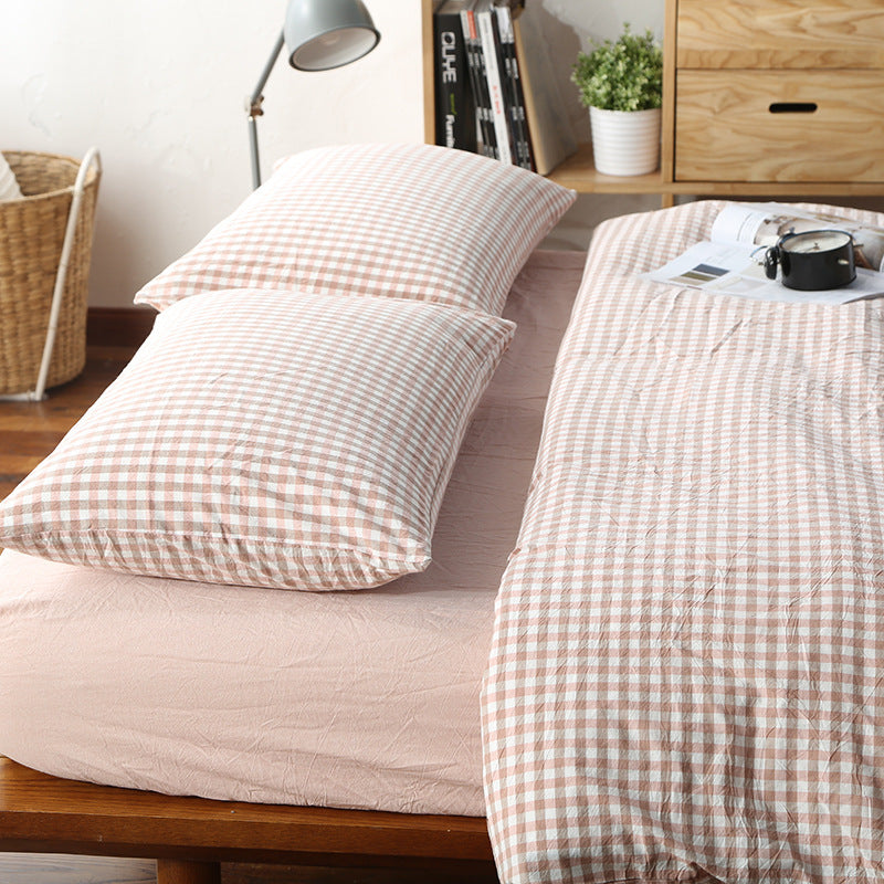 KTX-124115 Washed Cotton Four-Piece Bedding Set with Checked Design for Comfortable Sleeping