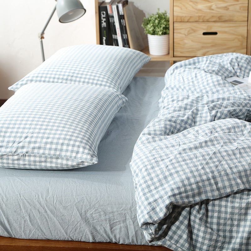 KTX-124115 Washed Cotton Four-Piece Bedding Set with Checked Design for Comfortable Sleeping