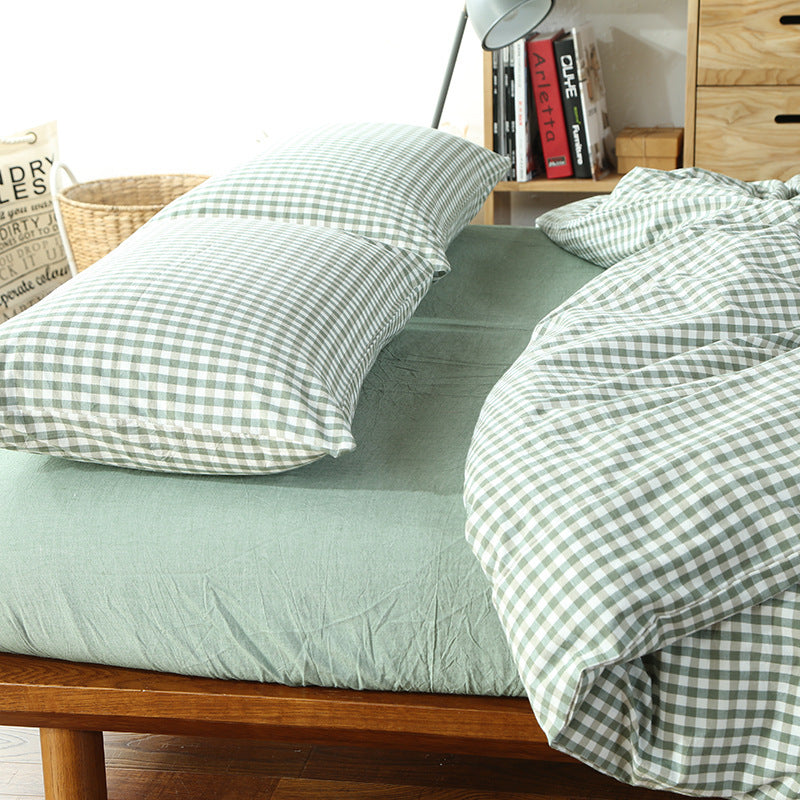 KTX-124115 Washed Cotton Four-Piece Bedding Set with Checked Design for Comfortable Sleeping