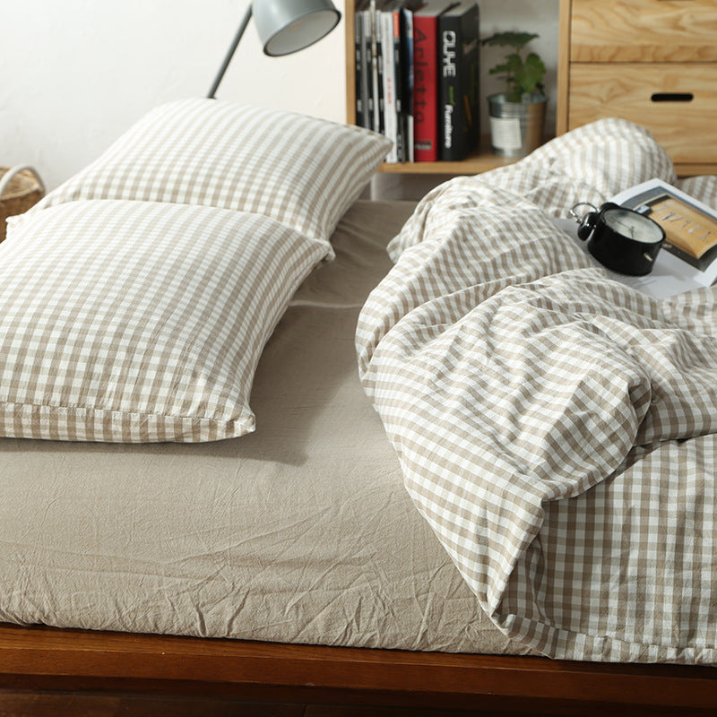 KTX-124115 Washed Cotton Four-Piece Bedding Set with Checked Design for Comfortable Sleeping