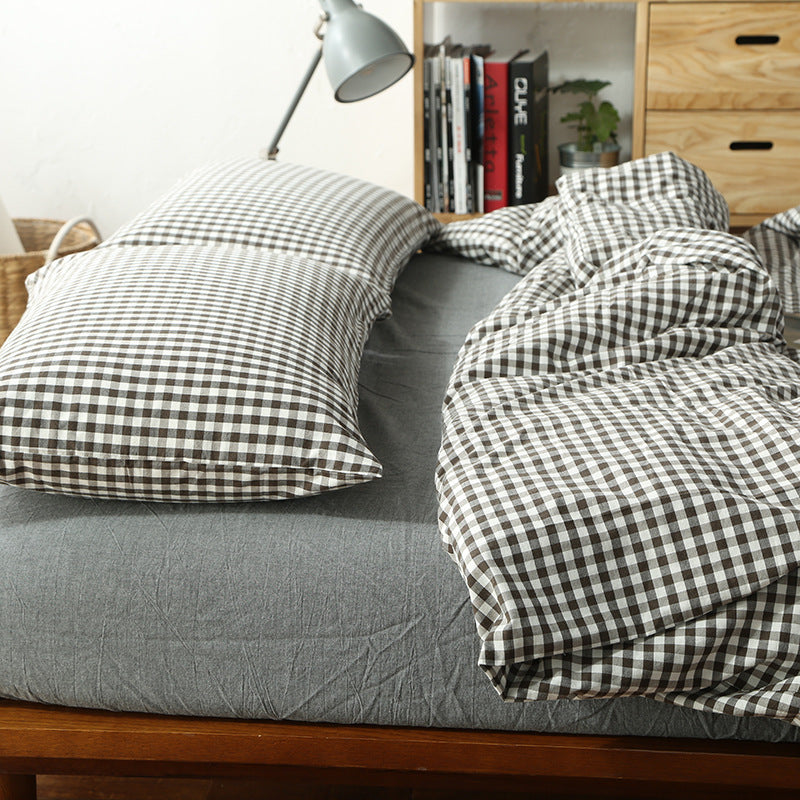 KTX-124115 Washed Cotton Four-Piece Bedding Set with Checked Design for Comfortable Sleeping
