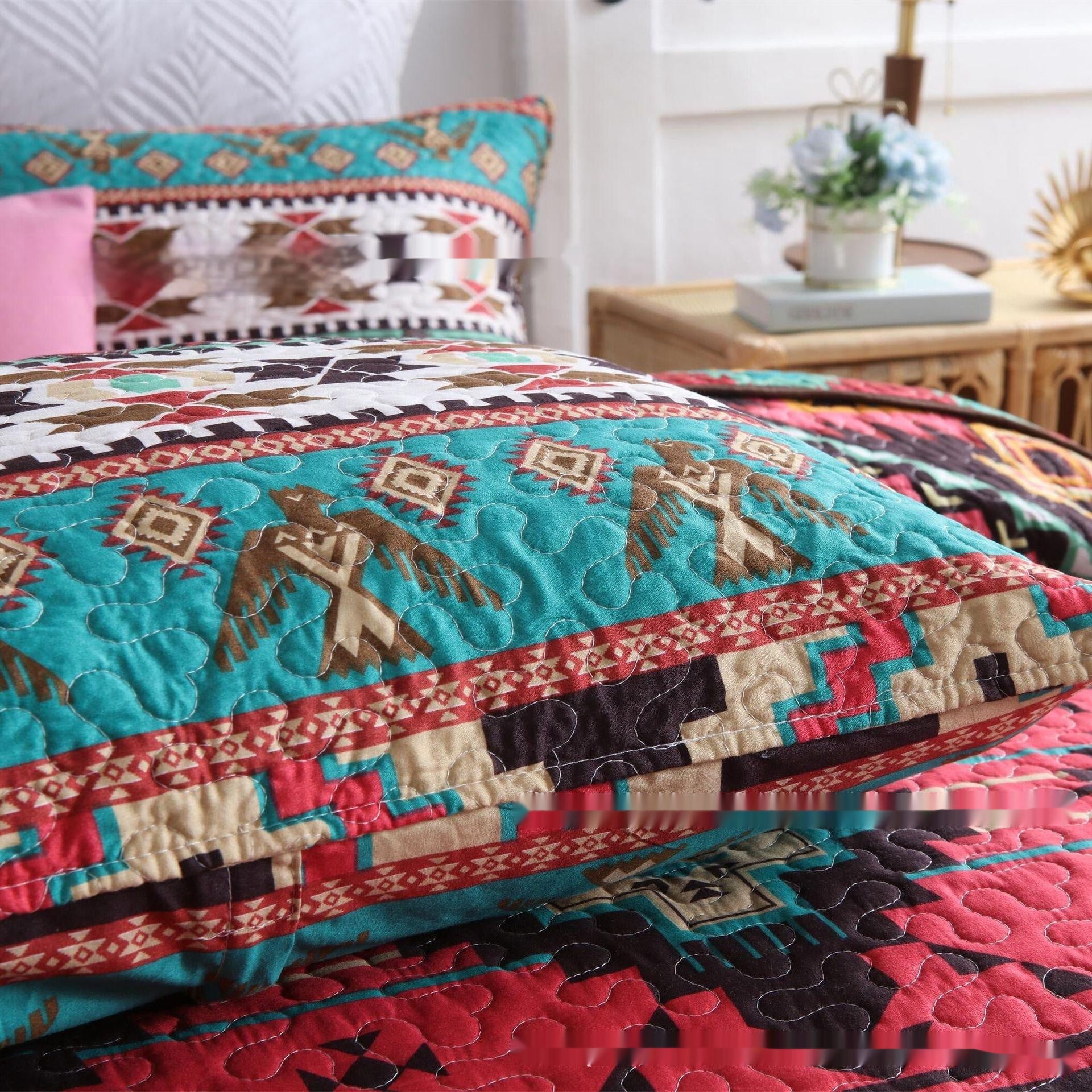 KTX-126419 Brushed Fabric Quilted Bed Cover Set - Striped Polyester Cotton, 220x240cm