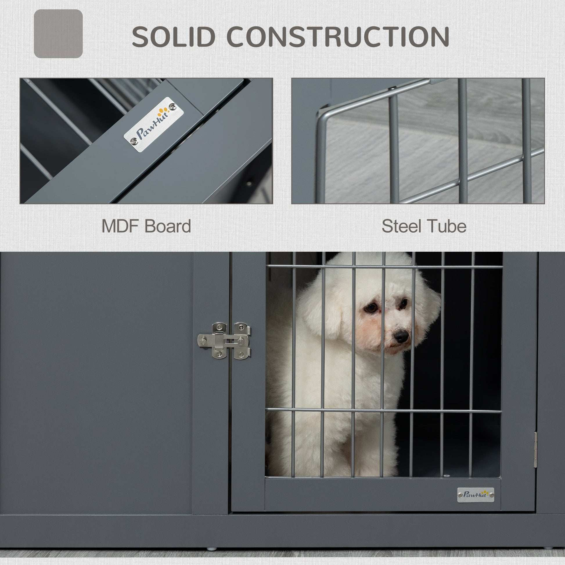KTX-126419 Indoor Metal Dog Cage with Double Doors and Wooden Top, Grey - Space-Saving Design for Small to Medium Dogs