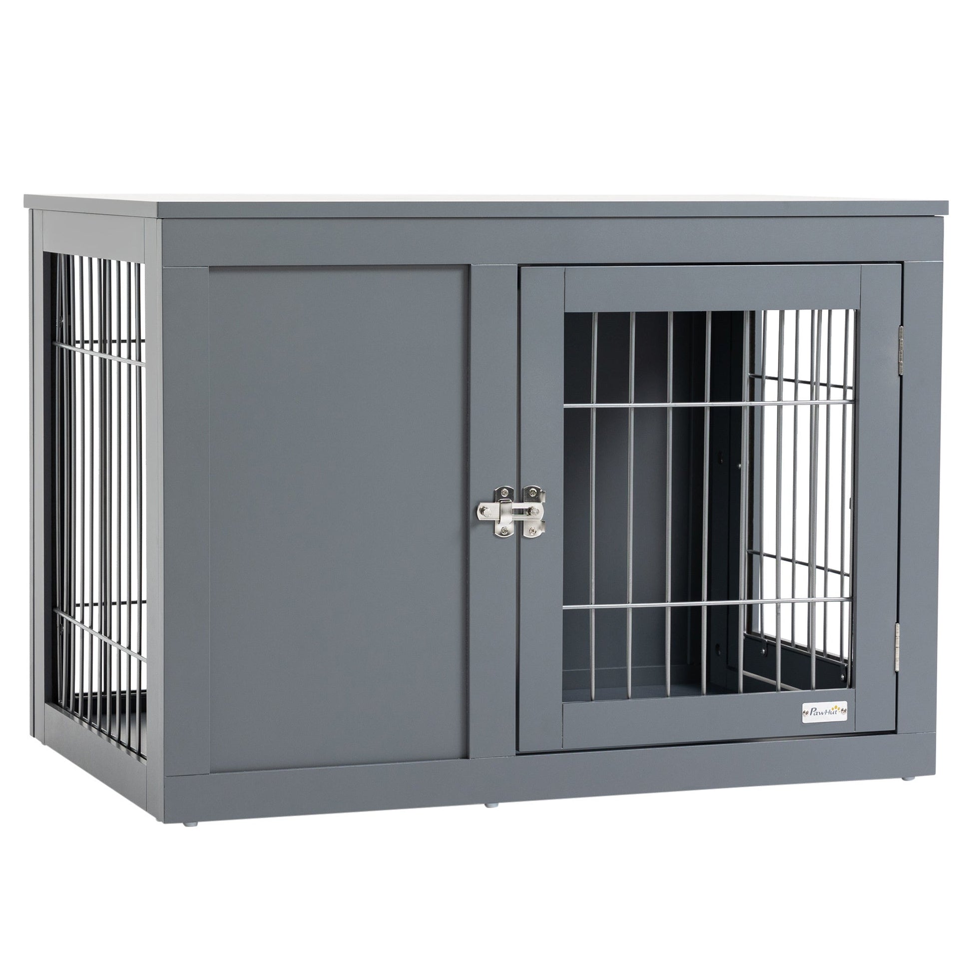 KTX-126419 Indoor Metal Dog Cage with Double Doors and Wooden Top, Grey - Space-Saving Design for Small to Medium Dogs