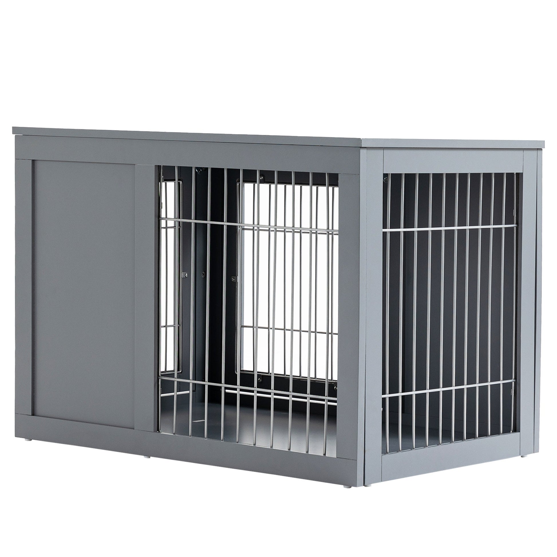 KTX-126419 Indoor Metal Dog Cage with Double Doors and Wooden Top, Grey - Space-Saving Design for Small to Medium Dogs
