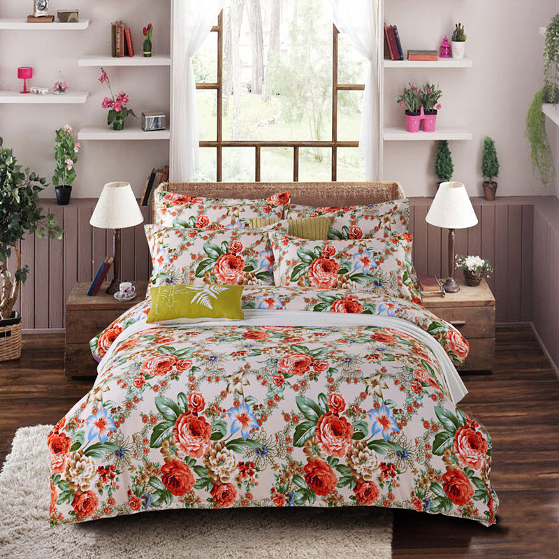 KTX-126739 Thickened Brushed Polyester-Cotton Blend Bedding Set - Art Big Flower Series, 4-Piece Design