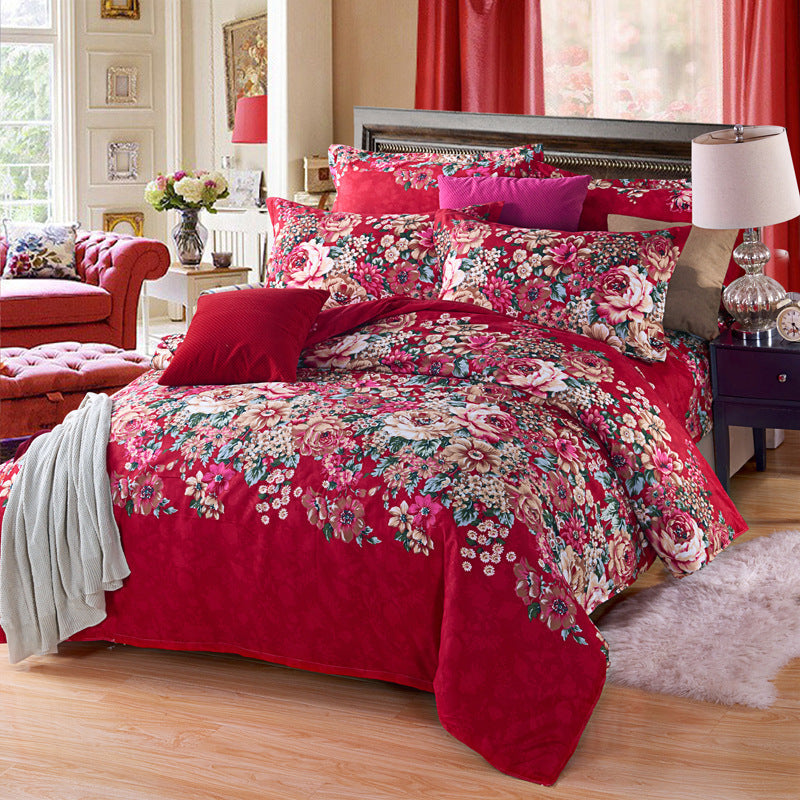KTX-126739 Thickened Brushed Polyester-Cotton Blend Bedding Set - Art Big Flower Series, 4-Piece Design