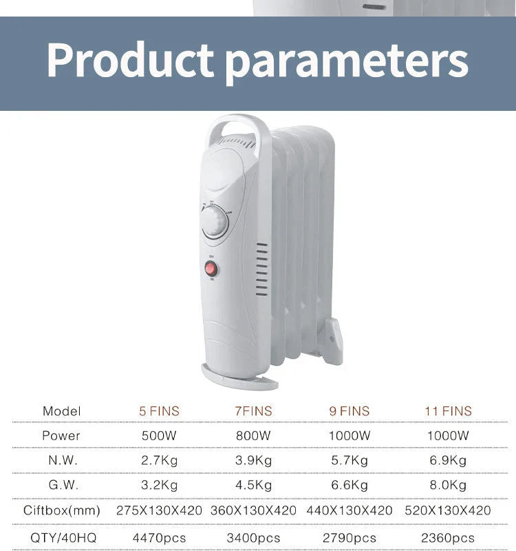 KTX-127187 Compact 12V Oil Filled Radiator Heater with Adjustable Thermostat and Safety Features for Home and Office Use