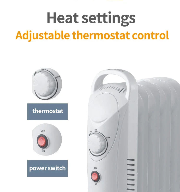KTX-127187 Compact 12V Oil Filled Radiator Heater with Adjustable Thermostat and Safety Features for Home and Office Use