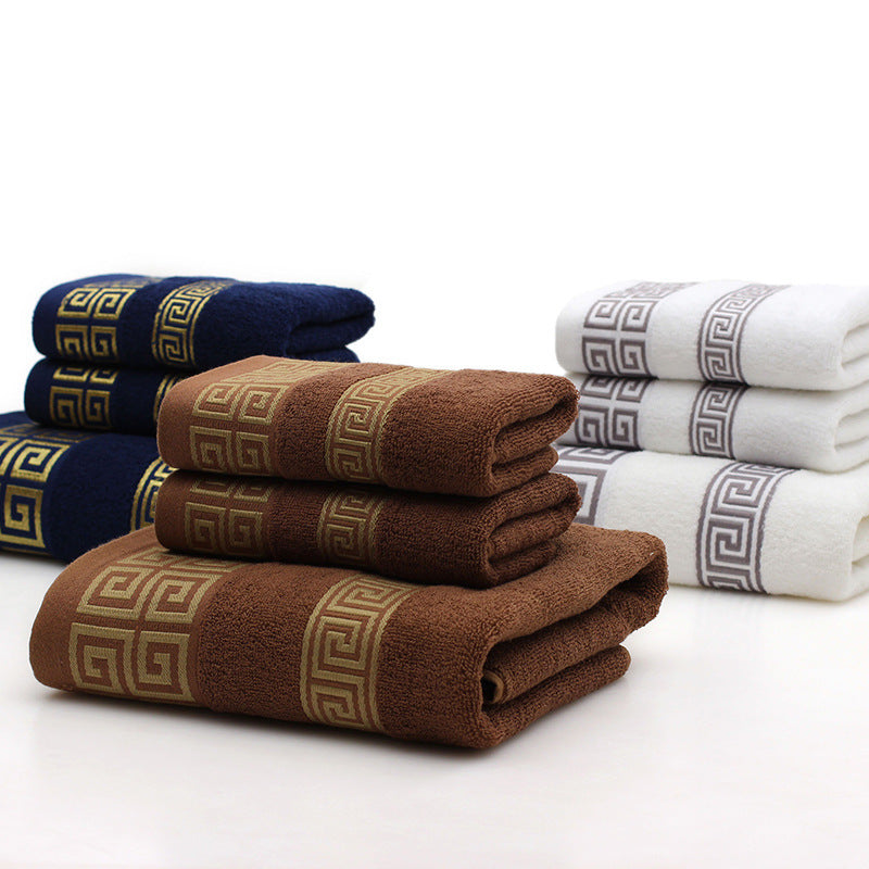 KTX-128147 Three-Piece Luxury Cotton Towel Gift Set in White, Dark Blue, and Brown