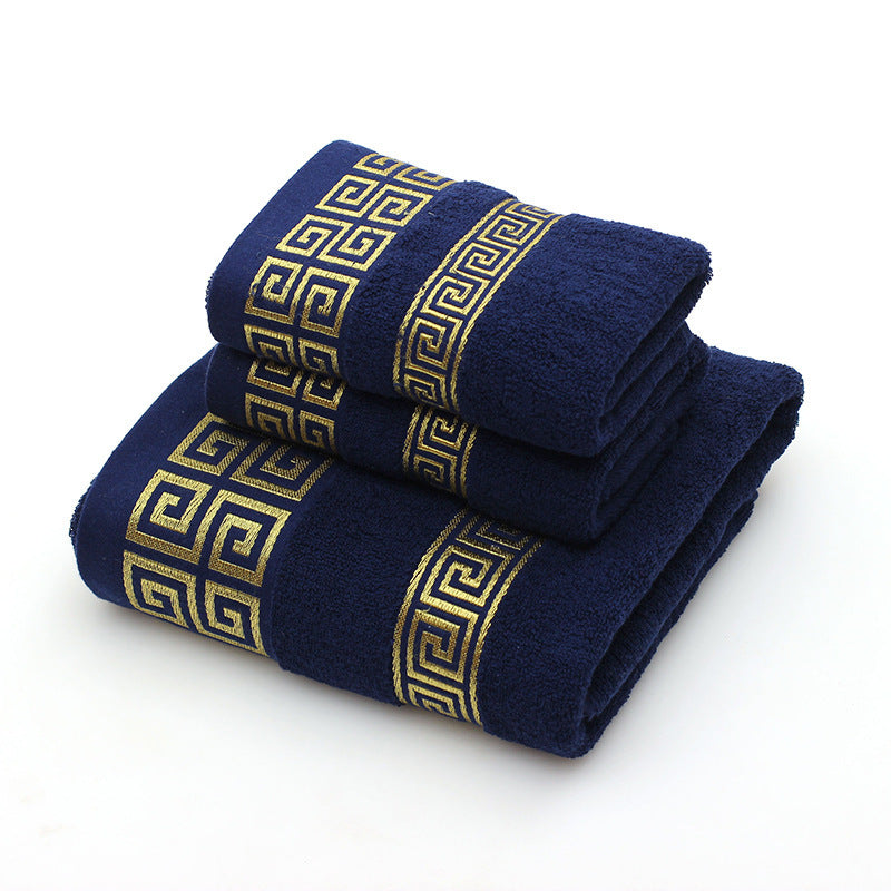 KTX-128147 Three-Piece Luxury Cotton Towel Gift Set in White, Dark Blue, and Brown