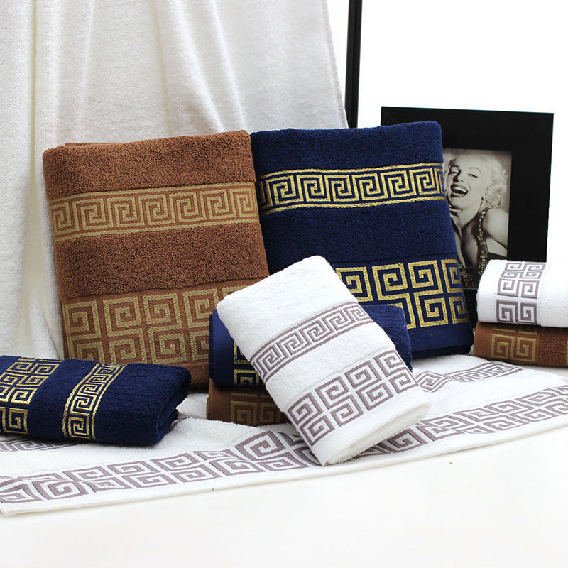 KTX-128147 Three-Piece Luxury Cotton Towel Gift Set in White, Dark Blue, and Brown