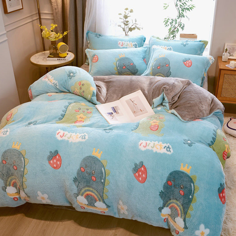 KTX-131347 Milk Velvet Cartoon Duvet Set - Double Sided Cover with Pillowcases, Assorted Designs