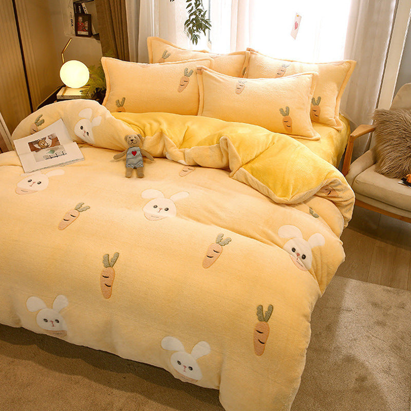 KTX-131347 Milk Velvet Cartoon Duvet Set - Double Sided Cover with Pillowcases, Assorted Designs