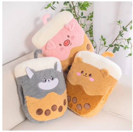 KTX-134163 Plush Milk Tea Hand Warmer - Cute Husky, Bear, and Pig Designs (30*40cm)