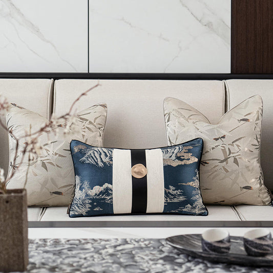 KTX-135315 Elegant Blue Landscape Embroidered Pillow Cover for Living Room Decor