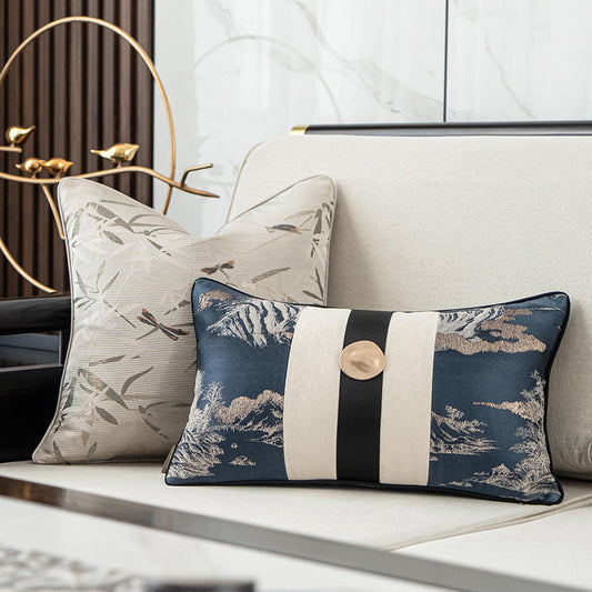 KTX-135315 Elegant Blue Landscape Embroidered Pillow Cover for Living Room Decor