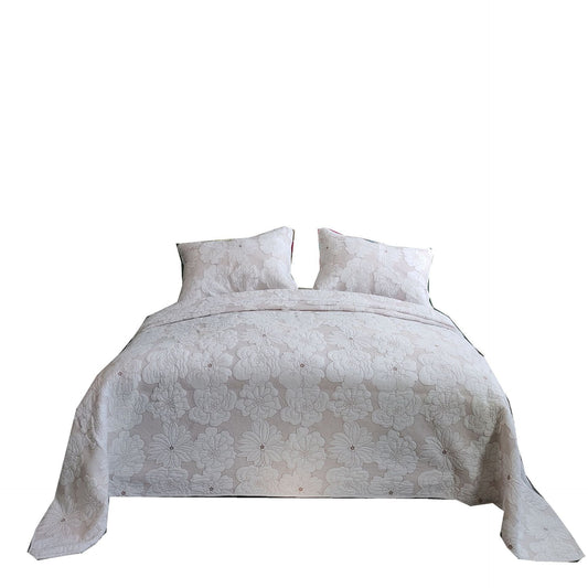 KTX-137619 Cotton Thickened White and Beige Camellia Embroidery Three-Piece Bedcover Set
