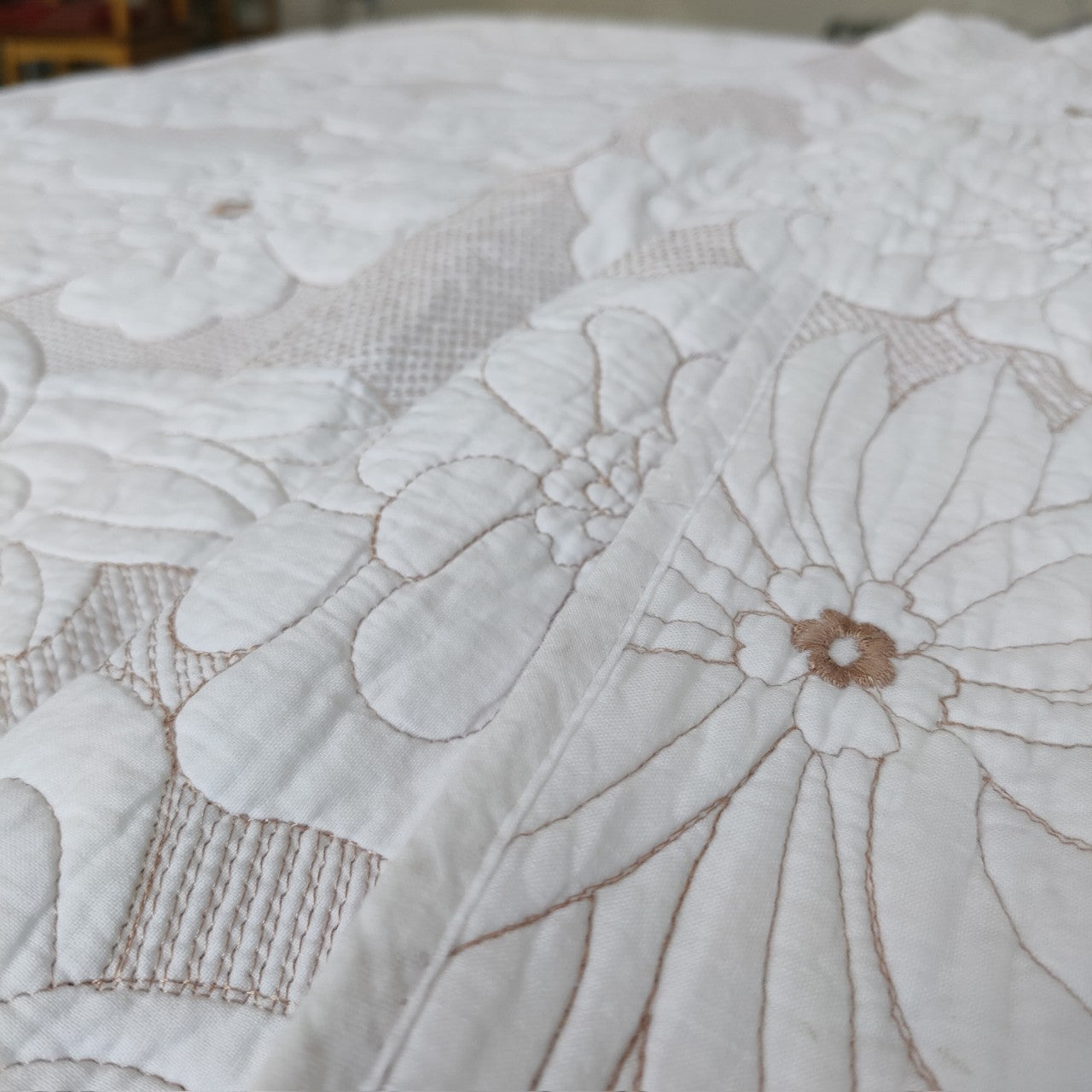 KTX-137619 Cotton Thickened White and Beige Camellia Embroidery Three-Piece Bedcover Set