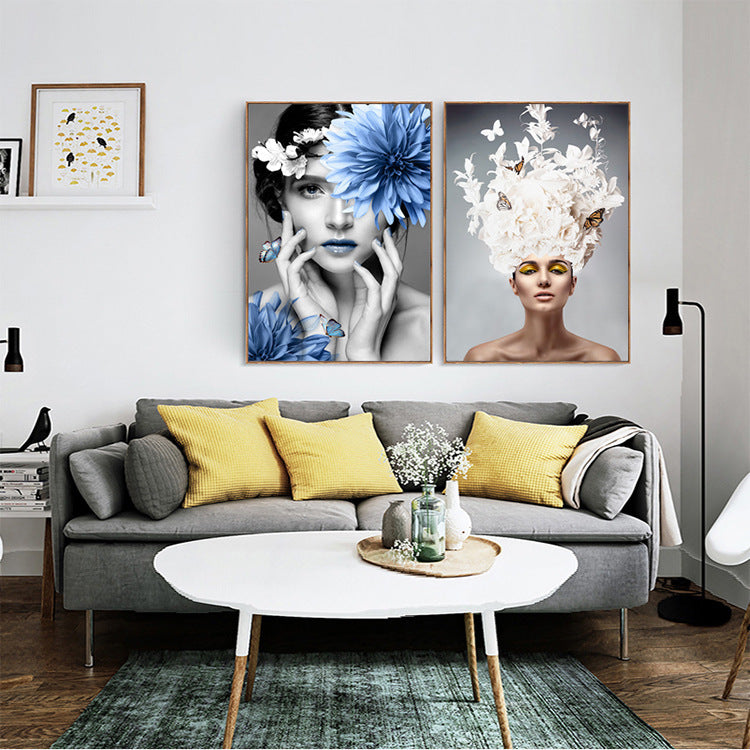 KTX-140627 Modern Decorative Painting on Canvas - Framed Blue and Cream Artwork, Rectangular Design