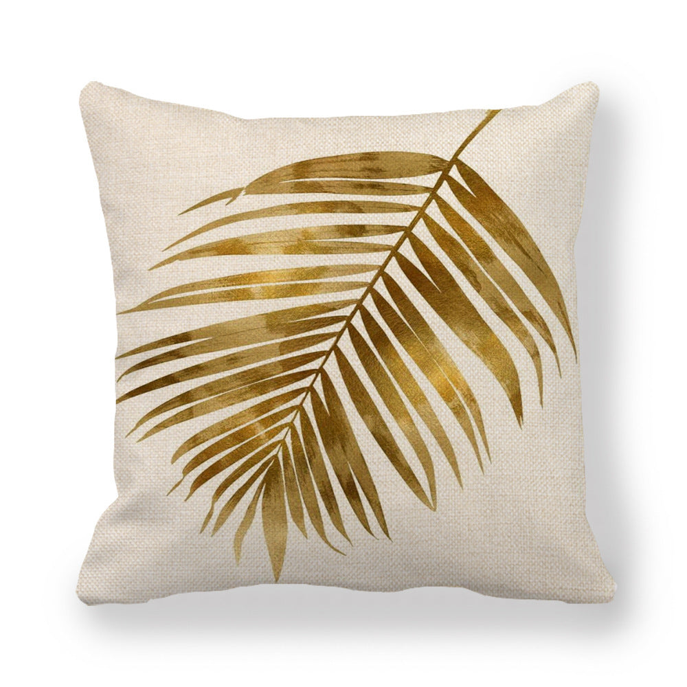 KTX-140755 Golden Palm Leaf Watercolor Linen Pillowcase - 45x45cm Cartoon Design