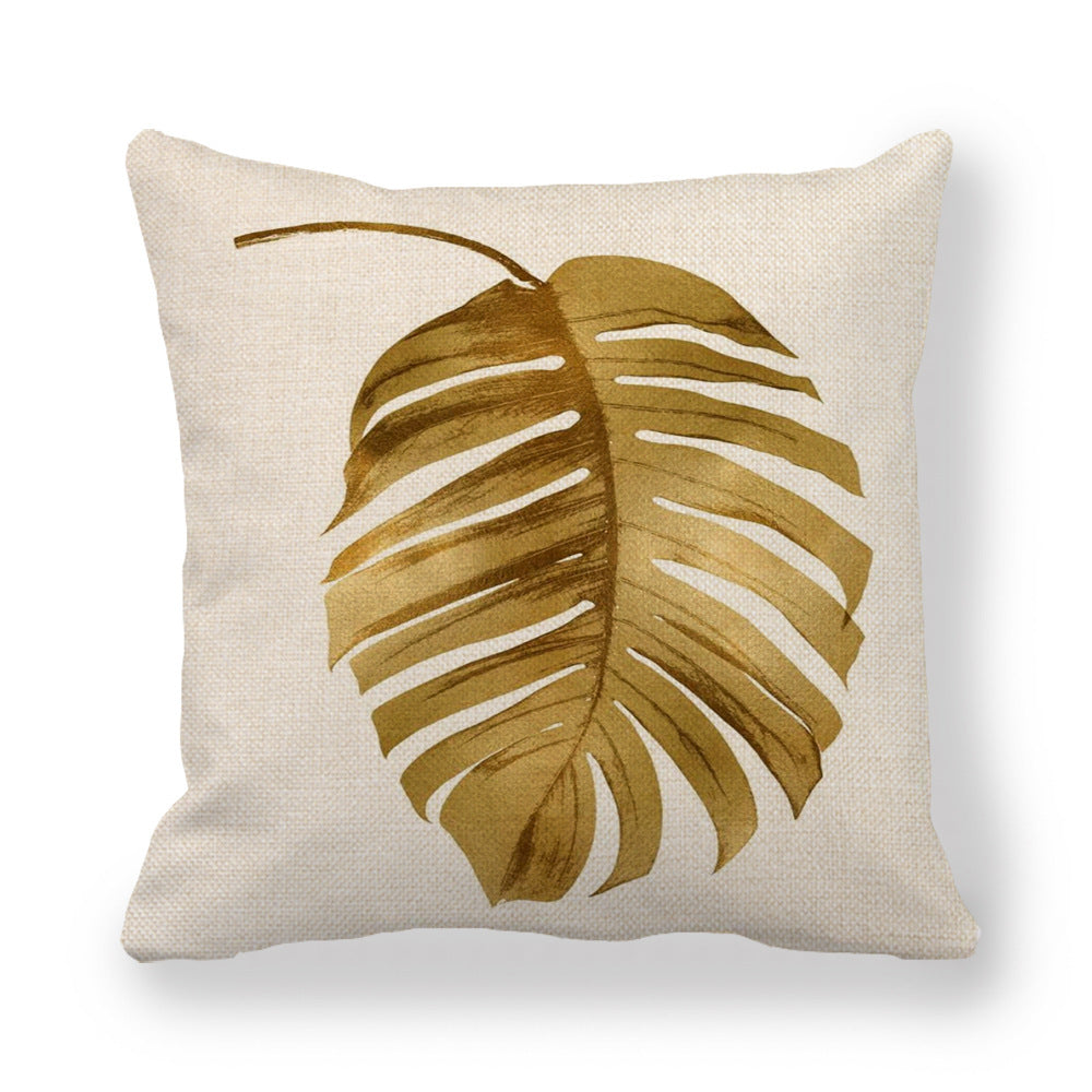 KTX-140755 Golden Palm Leaf Watercolor Linen Pillowcase - 45x45cm Cartoon Design