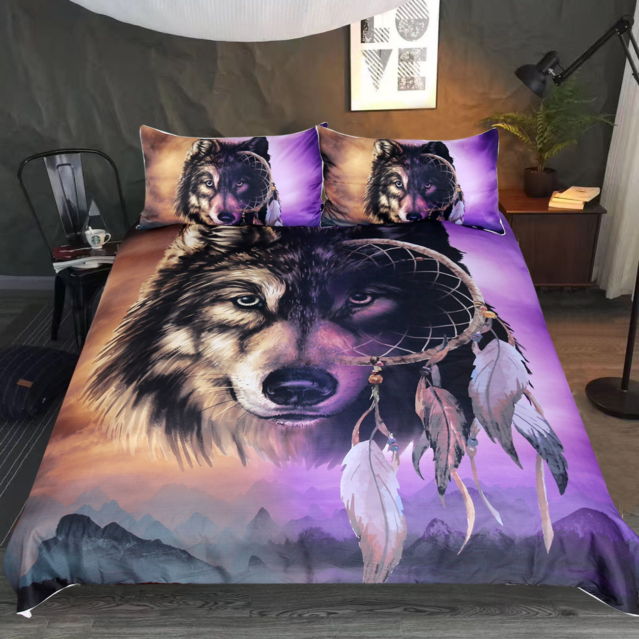 KTX-142035 Wolf Three-Piece Polyester Bedding Set in a Stylish Design