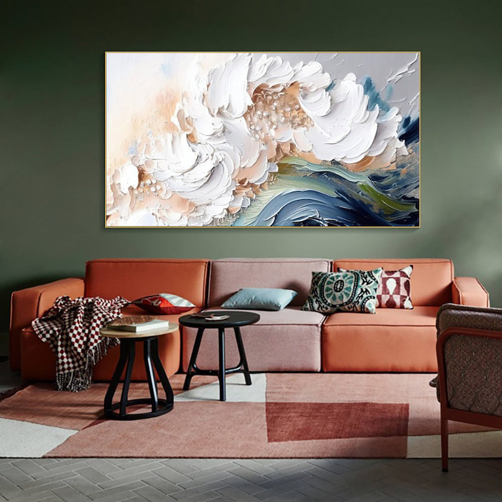 KTX-142163 Handmade Modern Abstract Oil Painting with Heavy Texture - White Waves on Canvas, Large Size Art for Home and Restaurant Decor