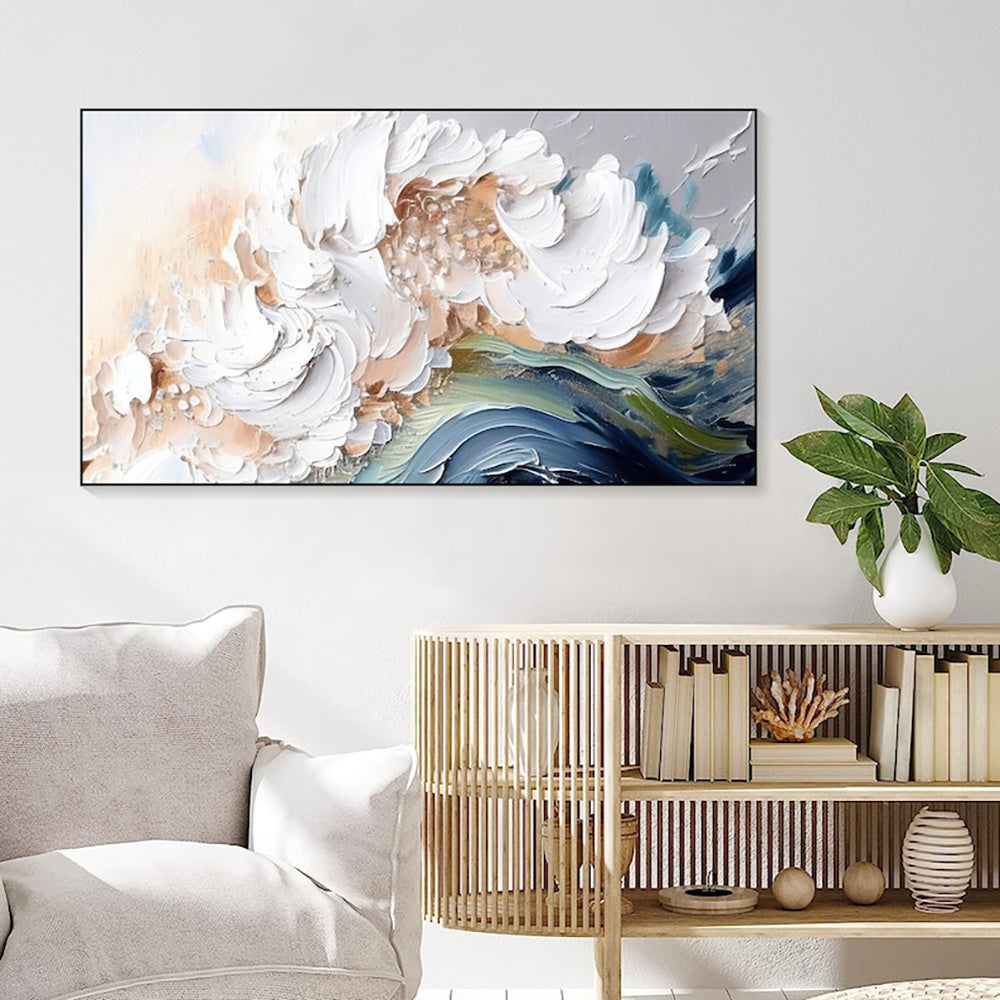 KTX-142163 Handmade Modern Abstract Oil Painting with Heavy Texture - White Waves on Canvas, Large Size Art for Home and Restaurant Decor