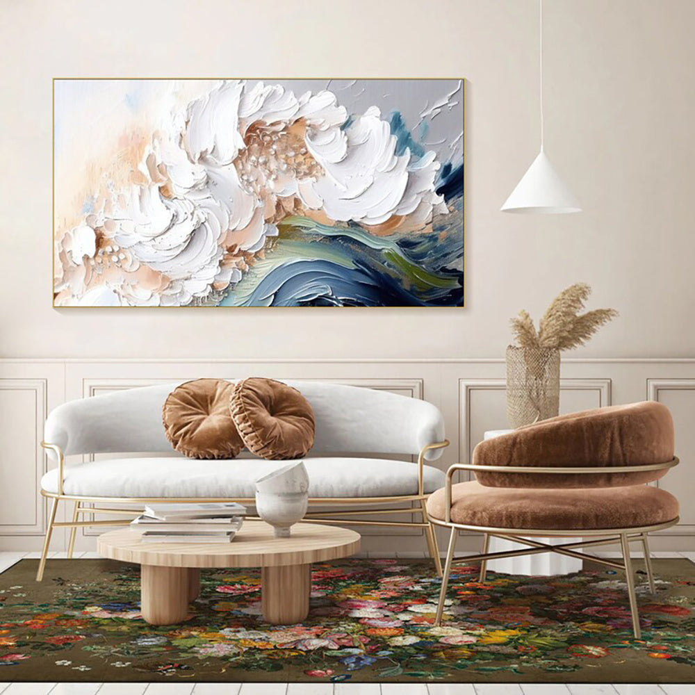 KTX-142163 Handmade Modern Abstract Oil Painting with Heavy Texture - White Waves on Canvas, Large Size Art for Home and Restaurant Decor