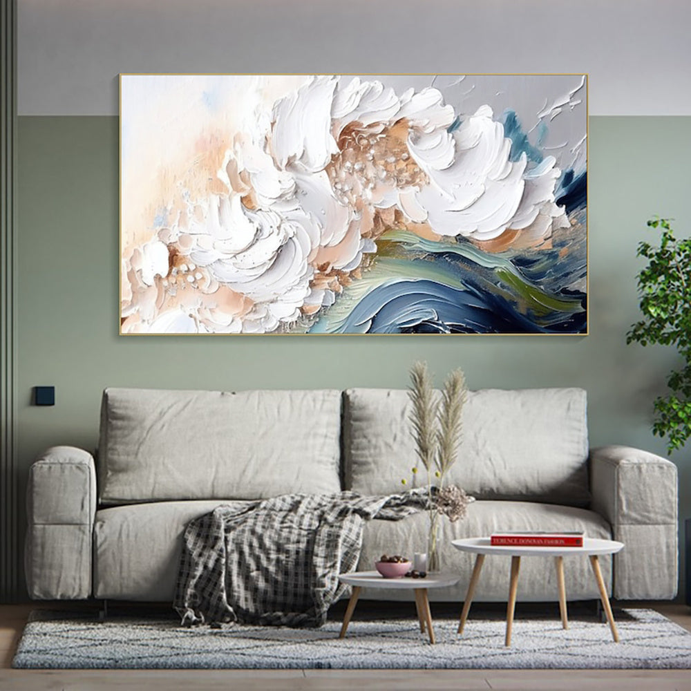KTX-142163 Handmade Modern Abstract Oil Painting with Heavy Texture - White Waves on Canvas, Large Size Art for Home and Restaurant Decor