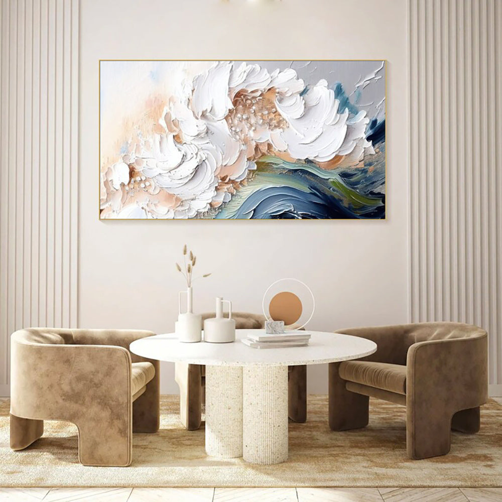 KTX-142163 Handmade Modern Abstract Oil Painting with Heavy Texture - White Waves on Canvas, Large Size Art for Home and Restaurant Decor