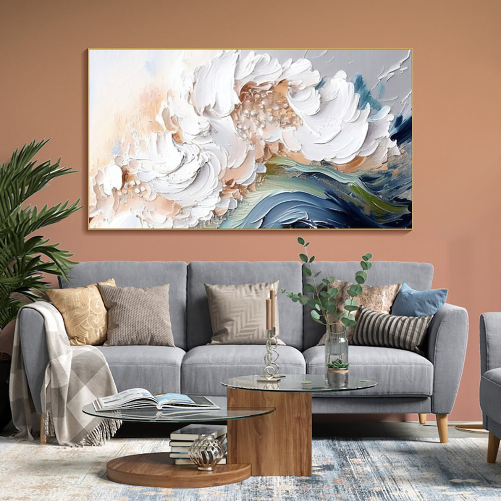 KTX-142163 Handmade Modern Abstract Oil Painting with Heavy Texture - White Waves on Canvas, Large Size Art for Home and Restaurant Decor