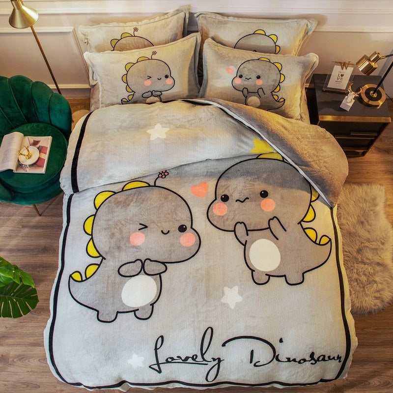 KTX-143699 Cozy Cartoon Coral Velvet Bed Set with Four-Piece Winter Flannel Sheets