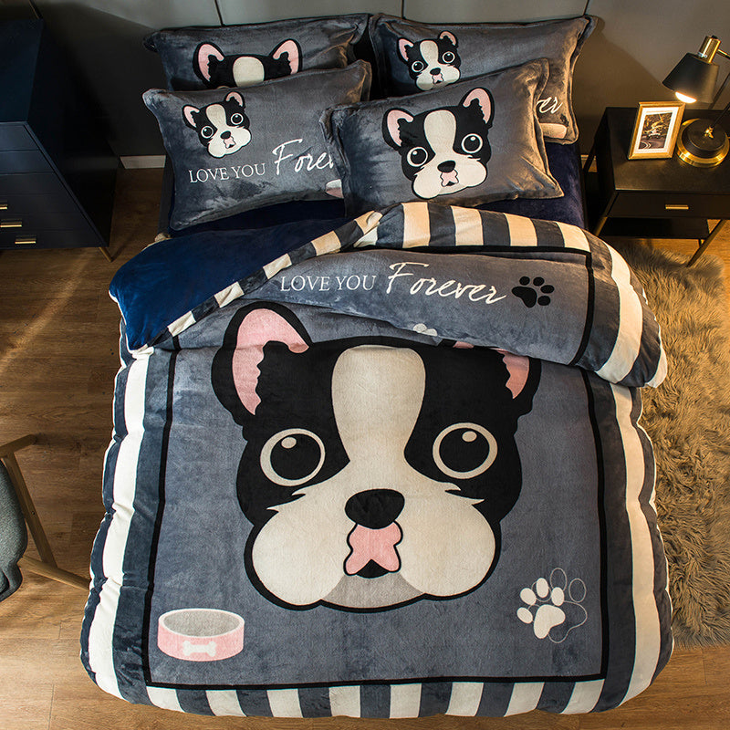 KTX-143699 Cozy Cartoon Coral Velvet Bed Set with Four-Piece Winter Flannel Sheets