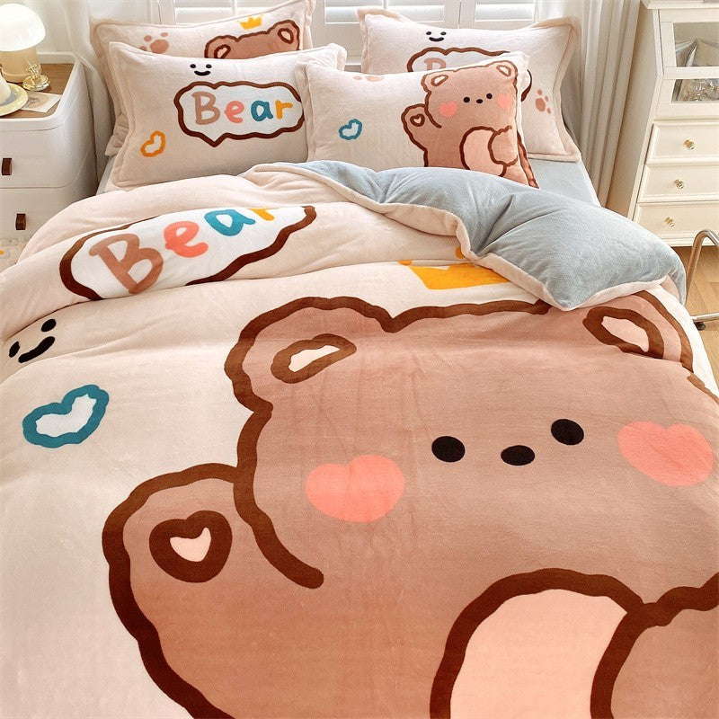 KTX-143699 Cozy Cartoon Coral Velvet Bed Set with Four-Piece Winter Flannel Sheets