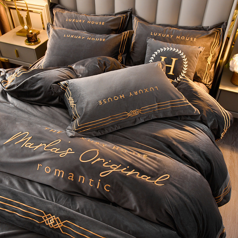 KTX-144211 Milk Velvet Embroidery Four-Piece Bedding Set for Various Bed Sizes