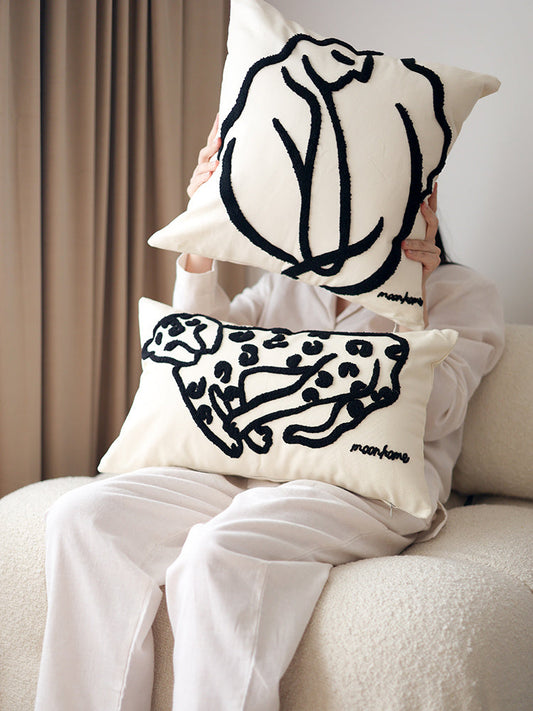 KTX-145363 Nordic Art Embroidery Pillowcase with Black and White Lines - Cute Leopard and Doze Girl Designs, Square Cushions with Pillow Core Included