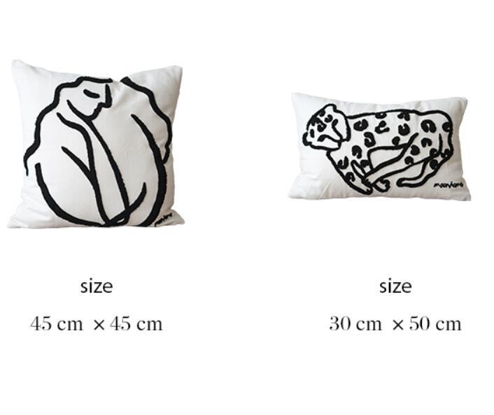 KTX-145363 Nordic Art Embroidery Pillowcase with Black and White Lines - Cute Leopard and Doze Girl Designs, Square Cushions with Pillow Core Included