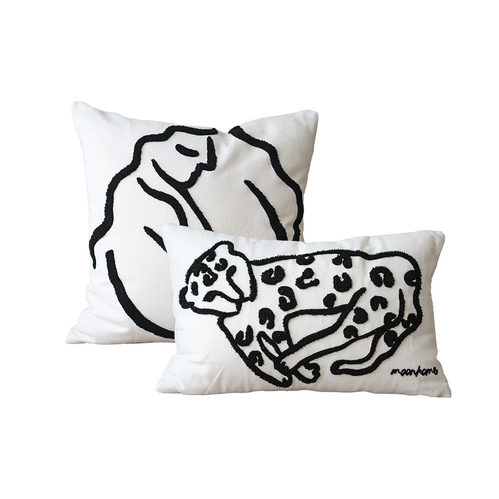 KTX-145363 Nordic Art Embroidery Pillowcase with Black and White Lines - Cute Leopard and Doze Girl Designs, Square Cushions with Pillow Core Included
