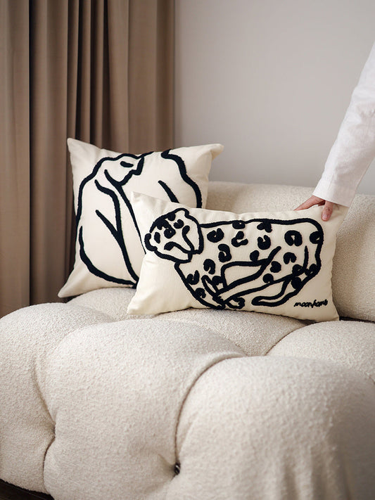KTX-145363 Nordic Art Embroidery Pillowcase with Black and White Lines - Cute Leopard and Doze Girl Designs, Square Cushions with Pillow Core Included