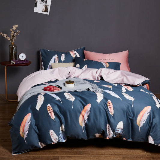 KTX-146835 Cotton Printed Satin 4-Piece Bedding Set - Includes Quilt Cover, Bed Sheet, and Pillowcases