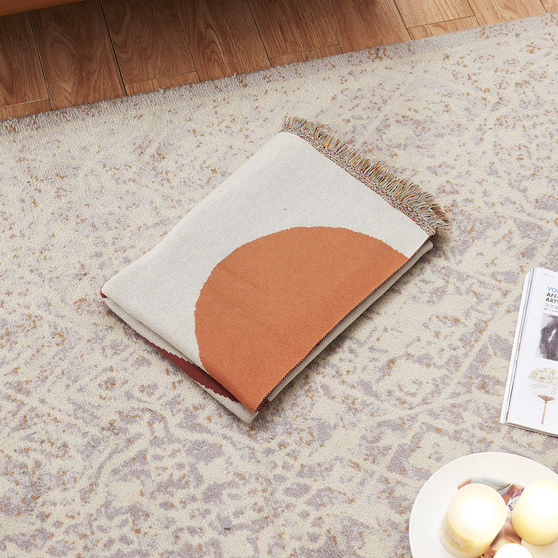 KTX-150291 Pure Cotton Geometric Pattern Blanket for Sofa in Light Blue and Beige - Large, 120cm x 170cm